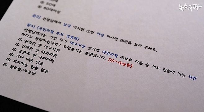 ▲2022년 3월 10일, 명태균 씨의 미래한국연구소가 실시한 대구시장 적합도 여론조사 문항. 후보 지지도 관련 질문 대상에 다른 정당 후보들은 없고, 오직 국민의힘 후보들뿐이다.