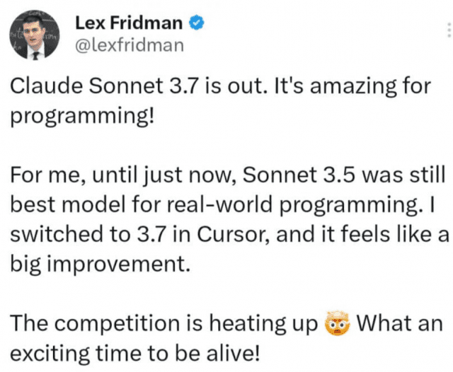 '클로드 3.7 소네트'를 칭찬하는 렉스 프리드먼 포스트 (사진=프리드먼 X 캡처)