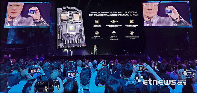 젠슨 황 엔비디아 최고경영자(CEO)가 GTC 2024에서 블랙웰 GPU를 소개하고 있다.
