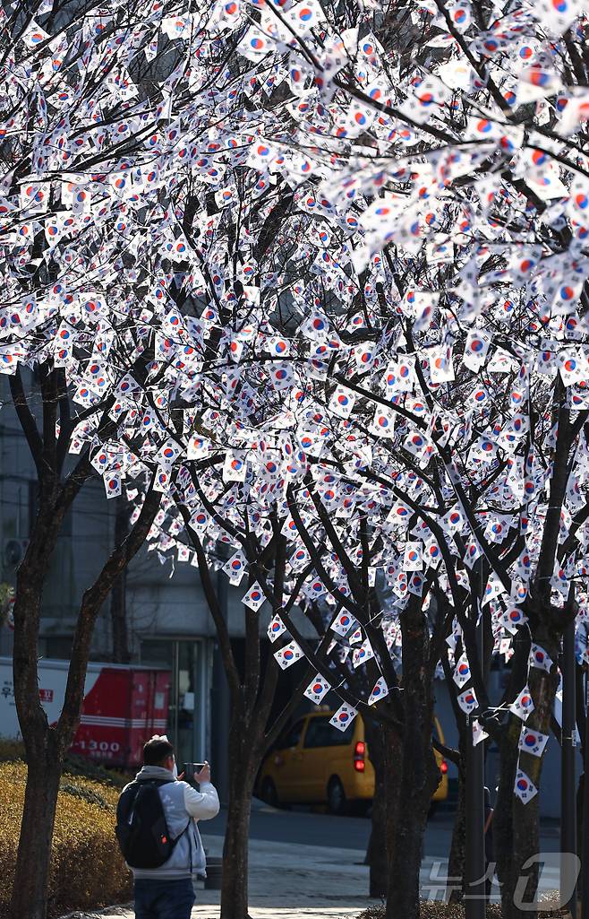 3.1절을 이틀 앞둔 27일 오후 서울 용산구 효창공원에 태극기 거리가 조성돼 있다. 2025.2.27/뉴스1 ⓒ News1 김도우 기자