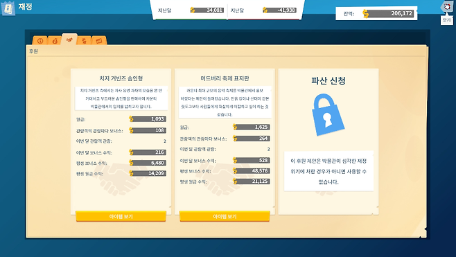 ▲ 잔액 상환에 쏠쏠한 도움이 되는 후원 유치도 필수. 저 파산 메뉴는 어지간하면 열릴 일이 없으니 안심