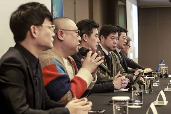 27일 서울 서초구 JW매리어트호텔에서 열린 음악산업의 공정한 권리 보호를 위한 음반제작자 기자회견 모습. 사진 뉴시스