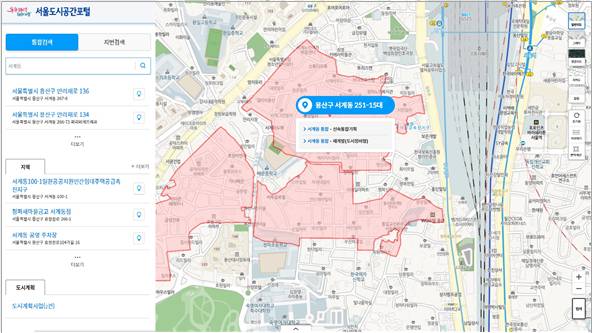 서울시 도시공간포털 지도서비스 통합검색 화면예시/자료제공=서울시