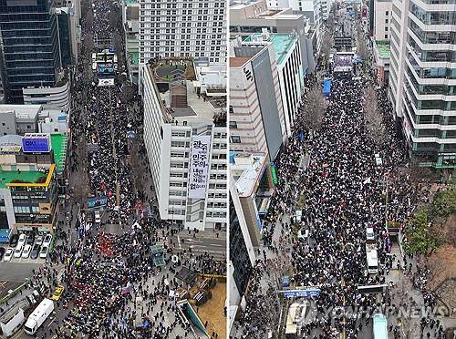 광주 금남로에서 동시에 열린 탄핵 찬반 집회 (광주=연합뉴스) 정회성 기자 = 15일 오후 광주 동구 금남로에서 경찰버스로 만든 차벽을 사이에 두고 윤석열 대통령 탄핵에 찬성(왼쪽 사진), 반대(오른쪽 사진)하는 집회가 각각 열리고 있다. 2025.2.15