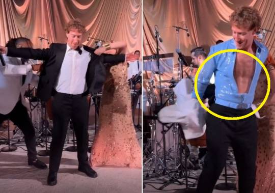 마크 저커버그 메타 최고경영자(CEO)가 1일(현지시간) 아내의 생일 파티에서 턱시도 안에 반짝이 의상을 숨겼다가 이를 벗고 공연하는 모습. 사진 인스타그램 캡처