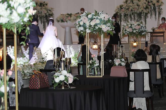한 예식장에서 결혼식이 진행되고 있다. 결혼제도는 생물학적 번식 본능을 뛰어넘는 인간만의 특징이다. ⓒ연합뉴스