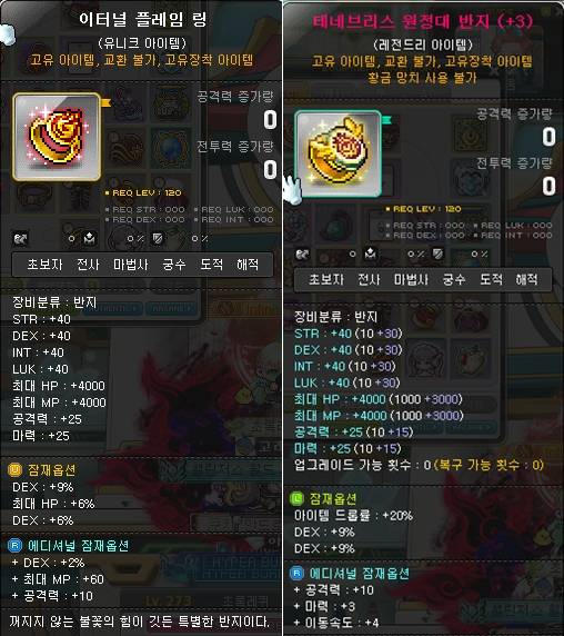 - 무기와 보조무기 작이 어느 정도 마무리됐다면 이터널플레임 링과 이벤트링의 옵션을 돌리자