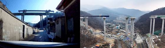 10명의 사상자를 낳은 세종포천고속도로 세종안성 9공구 교량 상판 붕괴 사건이 발생하기 사흘 전인 지난 22일 주민 김오식씨 차량 블랙박스 후면에 담긴 붕괴 전 모습(왼쪽)과 붕괴 하루 뒤인 26일 현장 모습. 사진 김오식씨·연합뉴스