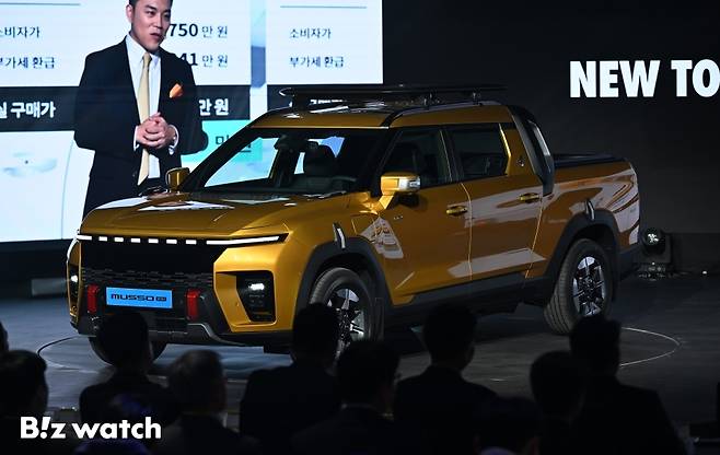 5일 경기도 평택시 KGM 본사에서 픽업 '무쏘 EV' 신차발표회가 열리고 있다./사진=이명근 기자 qwe123@