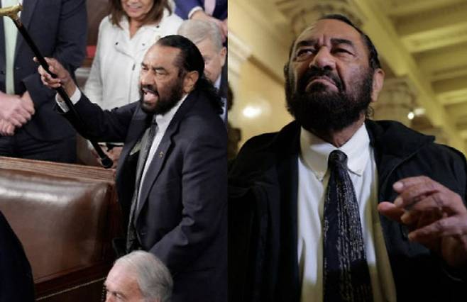 미국 텍사스주 하원의원이 4일(현지시간) 미국 워싱턴 D.C. 미 의사당 하원 회의장에서 도널드 트럼프 미국 대통령의 의회 합동회의 연설 도중 소리를 지르며 항의해 퇴장당했다.(사진=AFP)