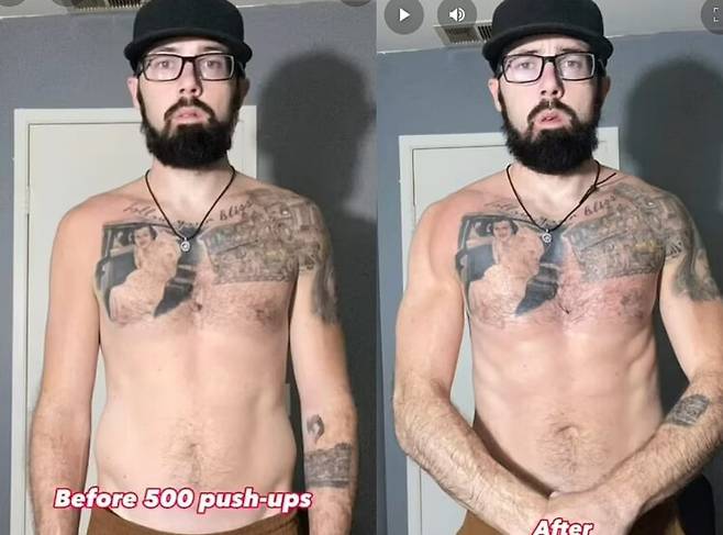 최근 잭슨 헌터라는 남성이 자신의 유튜브 채널을 통해 1시간 동안 팔굽혀펴기 500개를 하기 전후 모습을 공유했다. [사진='데일리메일' 보도내용 캡처]