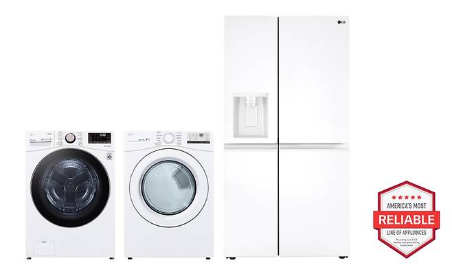 미국 컨슈머리포트의 가전 브랜드 신뢰도 종합순위 평가에서 제품별 1위에 오른 LG전자 제품들. (사진 왼쪽부터) 드럼 세탁기, 전기식 건조기, 양문형 냉장고.