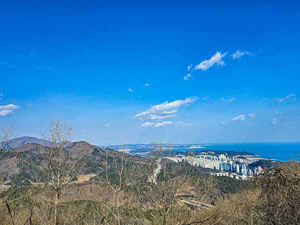 일광산, 그 너머로 달음산, 일광신도시와 일광해수욕장 그 너머로 월내항.