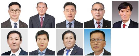 조한영 천안서부새마을금고 (시계방향), 지석웅 온양새마을금고, 차철회 예산새마을금고, 최석칠 안면도새마을금고, 최인흥 안흥새마을금고,홍순경 서천군새마을금고,  현광채 천안남부새마을금고,한기민 신우새마을금고,추영호 천안동부새마을금고