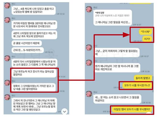 "정확히 기억은 없다, 잘 모르겠다"는 취지로 뉴진스 하니가 이야기하자 민 전 대표가 "무시해, 이거?" “모두가 너를 무시한 거니?” 등으로 묻는다. /어도어 구술 변론 캡처