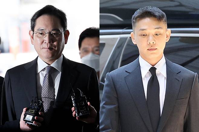 이재용 삼성전자 회장(왼쪽)이 지난해 11월25일 서울 서초구 서울중앙지방법원에서 열린 경영권 불법 승계 의혹 자본시장과금융투자업에관한법률위반등 2심 공판에 출석하고 있다. 같은해 6월18일 배우 유아인이 서울중앙지법에서 열린 마약 투약 혐의 재판에 출석하고 있다. 두 사건 모두 윤석열 대통령 형사 재판을 배당받은 서울중앙지법 지귀연 부장판사가 맡았다. 연합뉴스