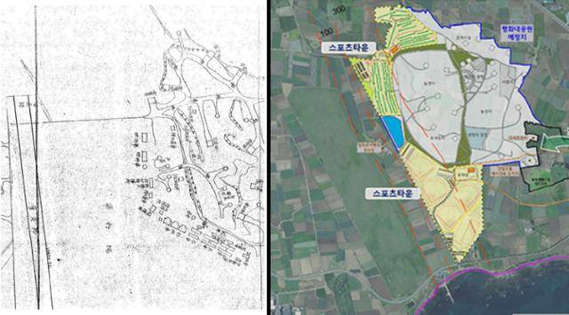 일본 국립공문서관 아시아역사자료센터에 보관된 과거 알뜨르 비행장 평면도(왼쪽). 그 당시 알뜨르 지역엔 비행지휘소와 방탄지휘소, 연료고, 격납고, 장병 숙소, 창고 등 일렬로 늘어선 건물군이 존재했다. 오른쪽은 마라해양도립공원 공원계획 변경 용역 최종보고회 자료에 담긴 평화대공원 구상안. 아시아역사자료센터·제주특별자치도