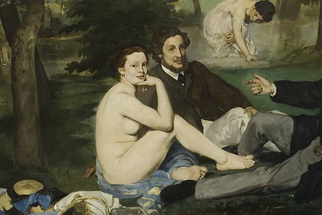 에두아르 마네, 풀밭 위의 점심 식사(빅토린 뫼랑 중심으로 확대), 1863, 캔버스에 유채, 208x264.5cm, 오르세 미술관