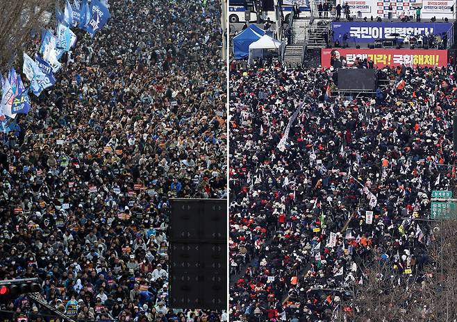 법원의 윤석열 대통령 구속 취소 결정 이후 첫 주말인 8일 서울 도심 곳곳에서 윤 대통령 탄핵 찬반 집회가 열렸다.   사진 왼쪽은 종로구 안국동에서 열린 찬성집회 '야5당 공동 윤석열 파면 촉구 2차 범국민대회'. 오른쪽은 광화문 광장에서 열린 탄핵 반대집회'자유통일을 위한 국민대회'. /사진=뉴스1
