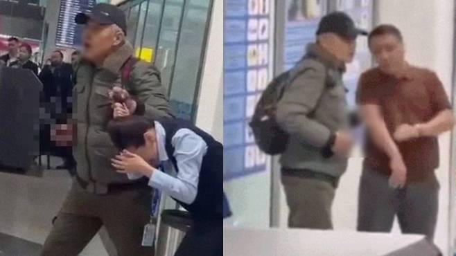카자흐스탄 알마티 공항에서 난동범이 여직원을 인질로 삼은 모습(왼쪽)과 여직원 대신 인질로 붙잡힌 무사 압드라임 / 엑스(X)