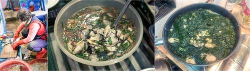 (좌)어시장에서 생선을 손질하는 상인, (가운데)집집마다 피굴을 만들어 먹는다. (우)매생이 덖음