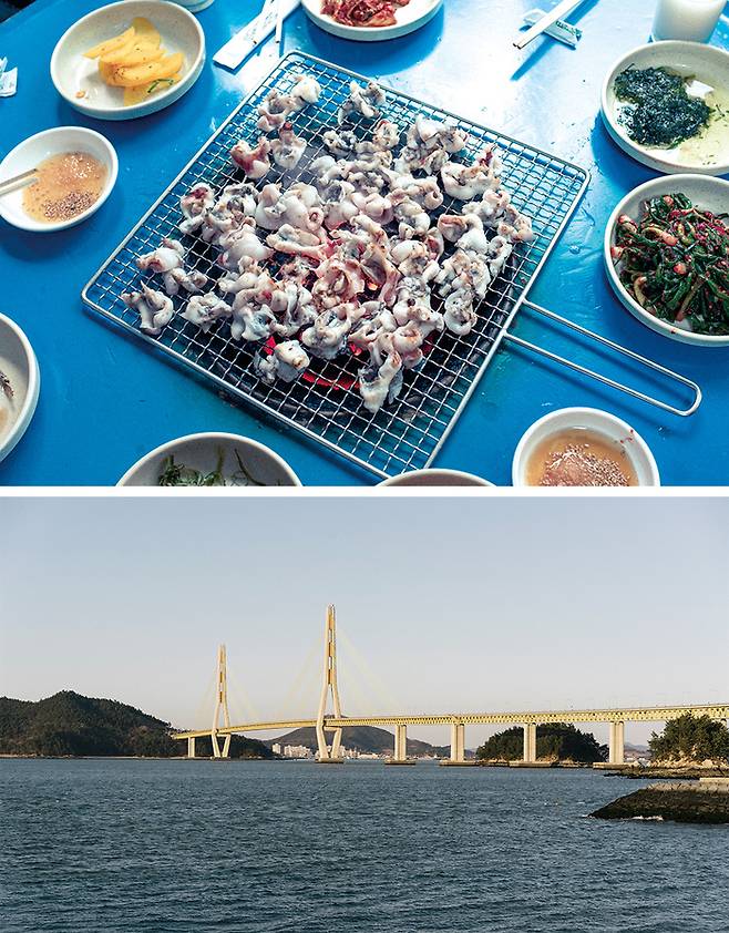 (위)문어 코 구이 (아래)소록도로 가는 소록대교