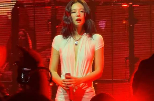 그룹 블랙핑크 멤버 제니(29)가 미국 공연에서 파격적인 의상을 선보여 논란이다./사진='The Ruby Experience' LA 공연 유튜브 영상 갈무리