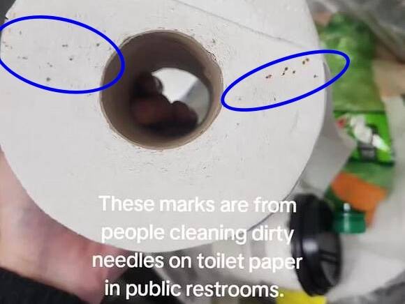 녹색 혹은 붉은색 패인 자국은 사용한 주사 바늘을 휴지 옆면에 찍어 닦은 것으로 추정된다. 사진=틱톡(technicolor94)