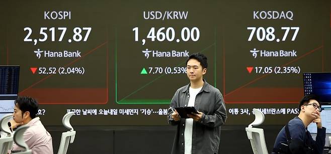 11일 오전 서울 중구 하나은행 딜링룸에서 딜러들이 업무를 하고 있다.이날 코스피는 전 거래일(2570.39)보다 53.7p(2.09%) 내린 2516.69에 개장했고 코스닥 지수는 전 거래일(725.82)보다 15.62p(2.15%) 하락한 710.20에 거래를 시작했다. 서울 외환시장에서 원·달러 환율은 전 거래일 주간거래 종가(1452.3원)보다 6.8원 오른 1459.1원에 출발했다. /사진=뉴시스