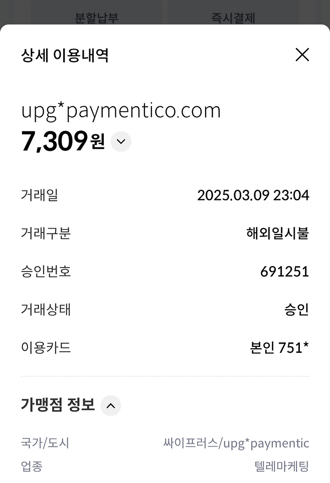 A씨가 9일 밤 받은 해외 결제 승인 내역.