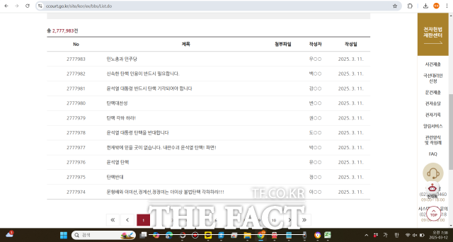 12일 헌재에 따르면 이날 오전 7시38분 기준 자유게시판에는 총 277만7983개의 글이 게시돼 있다. 이는 전날 오후 5시25분 기준 281만2889개보다 3만4906개 줄어든 것이다. /헌재 홈페이지