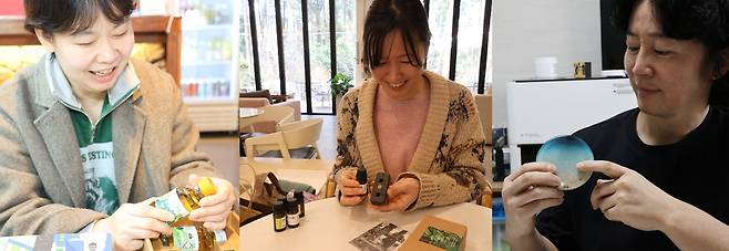제주관광기념품 만드는 사람들 (제주=연합뉴스) 백나용 기자 = 제주관광기념품 공모전 상위 입상자로 이름을 올린 주식회사 파란공장 조남희 대표와 나무비 정남인 대표, 블루자 김태관 대표(사진 왼쪽부터)가 지난 8일과 9일 각각 연합뉴스와 인터뷰하고 있다. 2025.3.12 dragon.me@yna.co.kr