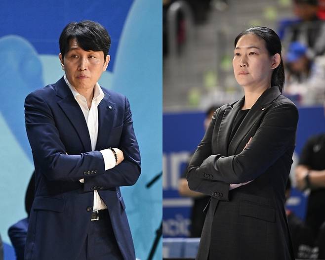 우리은행 위성우 감독(왼쪽)과 BNK 박정은 감독. 사진 | WKBL