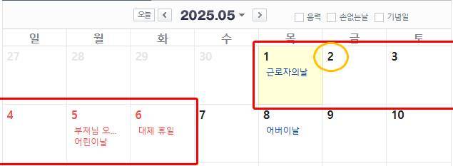5월 2일이 임시공휴일이 된다면 최장 6일을 쉴 수 있다 ⓒ 네이버 달력