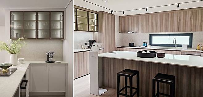 DL이앤씨는 최신 주거 트렌드를 반영해 D셀렉션을 제공한다. D셀렉션 소프트 클래식 스타일 홈바와 모던 내추럴 스타일 주방.ⓒDL이앤씨·데일리안 배수람 기자