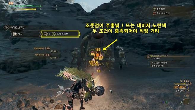 ▲ 거리는 적절하지만 데미지가 흰색이면 몬스터의 유효 타격(약점)이 아니라는 의미다