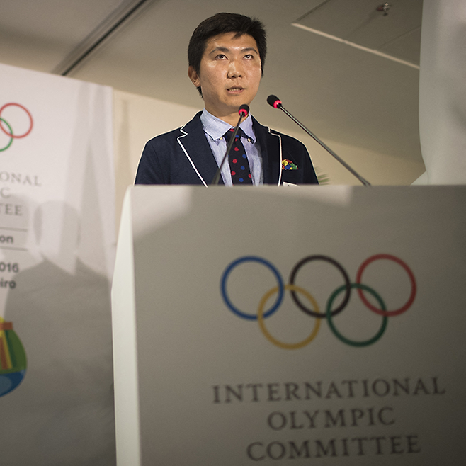 유승민이 제129차 국제올림픽위원회 총회에서 IOC 선수위원 선서를 하고 있다. 사진=AFP=연합뉴스 제공