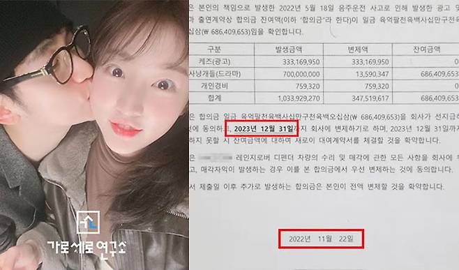 배우 김수현(왼쪽)의 소속사 골드메달리스트가 배우 고(故) 김새론(오른쪽)에게 7억원 변제를 압박했다는 주장이 제기된 가운데, 김새론 유족이 이에 대해 분노를 표했다. /사진=유튜브 채널 '가로세로연구소' 영상