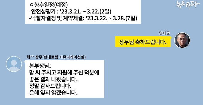 ▲검찰 수사보고서에 등장하는 현대로템 커뮤니케이션실 채○○ 상무와 명태균이 주고받은 카카오톡 문자 메시지 재현