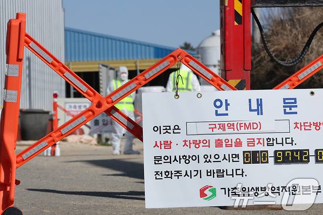 14일 구제역이 발생한 전남 영암군 도포면의 한 농장의 출입이 통제되고 있다. 2002년 11월 구제역 청정지위를 획득한 전남에서 23년 만에 첫 구제역 발생이다. 2025.3.14/뉴스1 ⓒ News1 김태성 기자