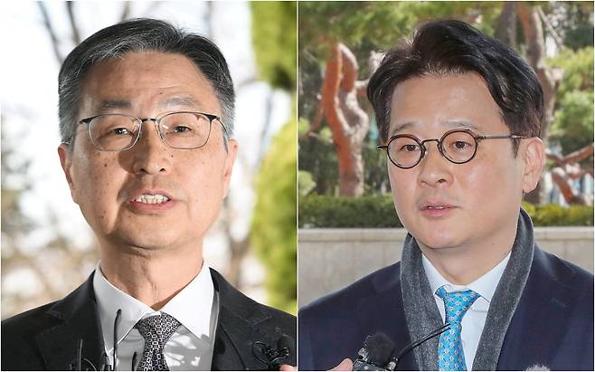 헌법재판소에서 탄핵소추가 기각된 최재해(왼쪽) 감사원장과 이창수 서울중앙지검장이 13일 직무에 복귀하며 소감을 밝히고 있다./고운호·박성원 기자
