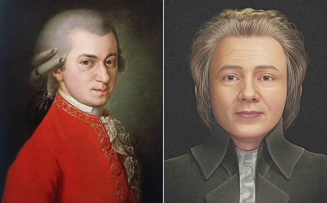 바바라 크라프트가 그린 모차르트 초상화(왼쪽)와 두개골을 바탕으로 복원한 얼굴./인스타그램