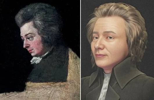 모차르트 얼굴 복원(오른쪽)에 활용한 요제프 랑게의 미완성 초상화./인스타그램