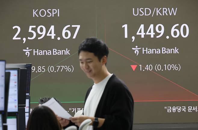 13일 서울 중구 하나은행 본점 딜링룸 현황판에 코스피 지수, 원/달러 환율 등이 표시돼 있다. [연합]