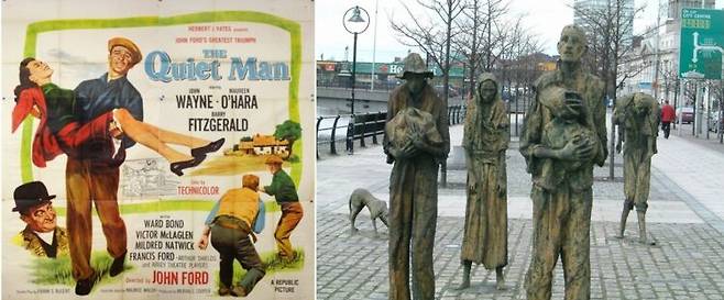 영화 《아일랜드의 연풍》포스터(왼쪽), 더블린에 있는 감자 대기근 조형물(오른쪽). [사진=유영현 제공]