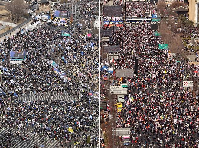 15일 오후 서울 광화문에서 탄핵에 찬성하는 시민들(왼쪽)과 탄핵에 반대하는 시민들이 집회를 하고 있다.   뉴스1
