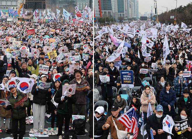 1일 서울 경복궁역 일대에서 윤석열즉각퇴진·사회대개혁 비상행동 주최 범시민 대행진(왼쪽)이, 여의대로에서는 세이브코리아 주최로 윤석열 대통령 탄핵 기각을 촉구하는 '3·1절 국가비상기도회'가 각각 열리고 있다. ⓒ연합뉴스