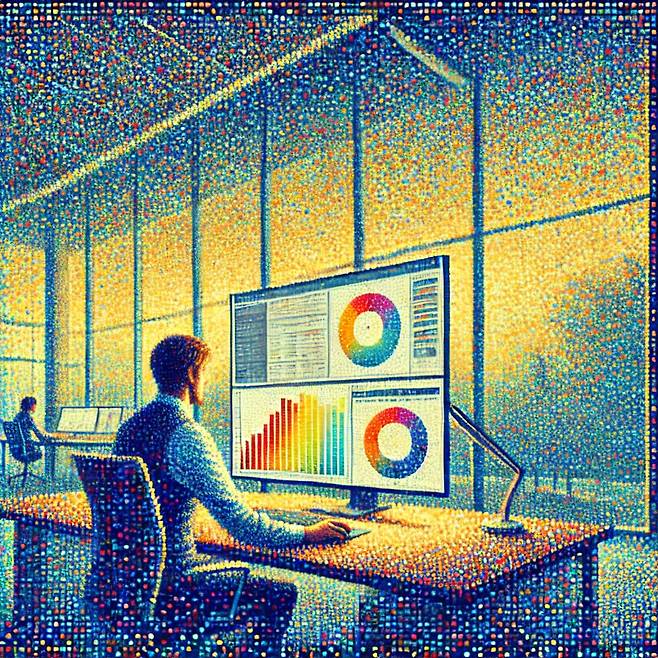 정 도령이 챗지피티(GPT)에 “대시보드를 확인하고 있는 데이터 애널리스트를 ‘점묘법’으로 그려 달라”고 요청하여 완성한 자화상이다. 점묘법의 ‘점’처럼 세상은 무수한 데이터로 구성된다는 의미를 담았다.