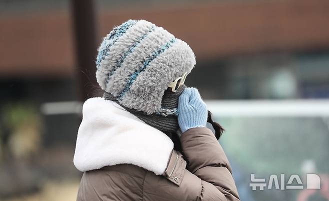 꽃샘추위가 찾아온 16일 오후 제주에 시민이 방한장비를 입고 걸어가고 있다./사진=뉴시스