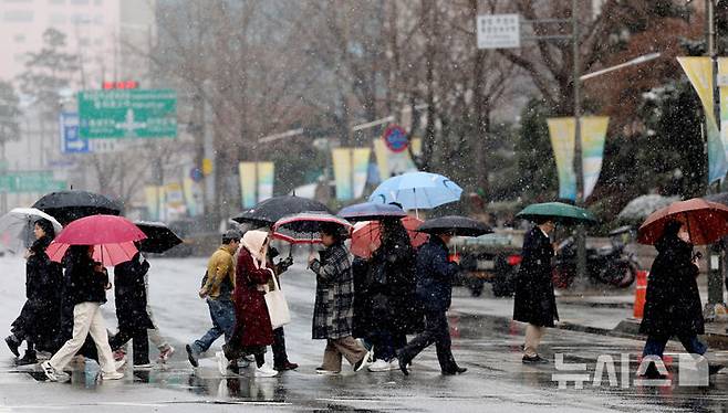 서울 중구 서울시청 인근에서 시민들이 우산을 쓰고 걸어가고 있다./사진=뉴시스
